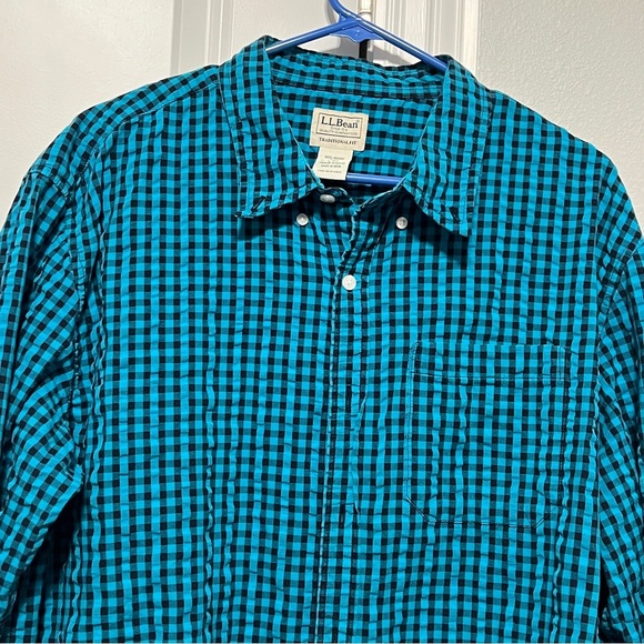 LL Bean Mens Large Cotton Shirt Wrinkle Free Green Check Long Sleeves Fennel - Picture 1 of 10